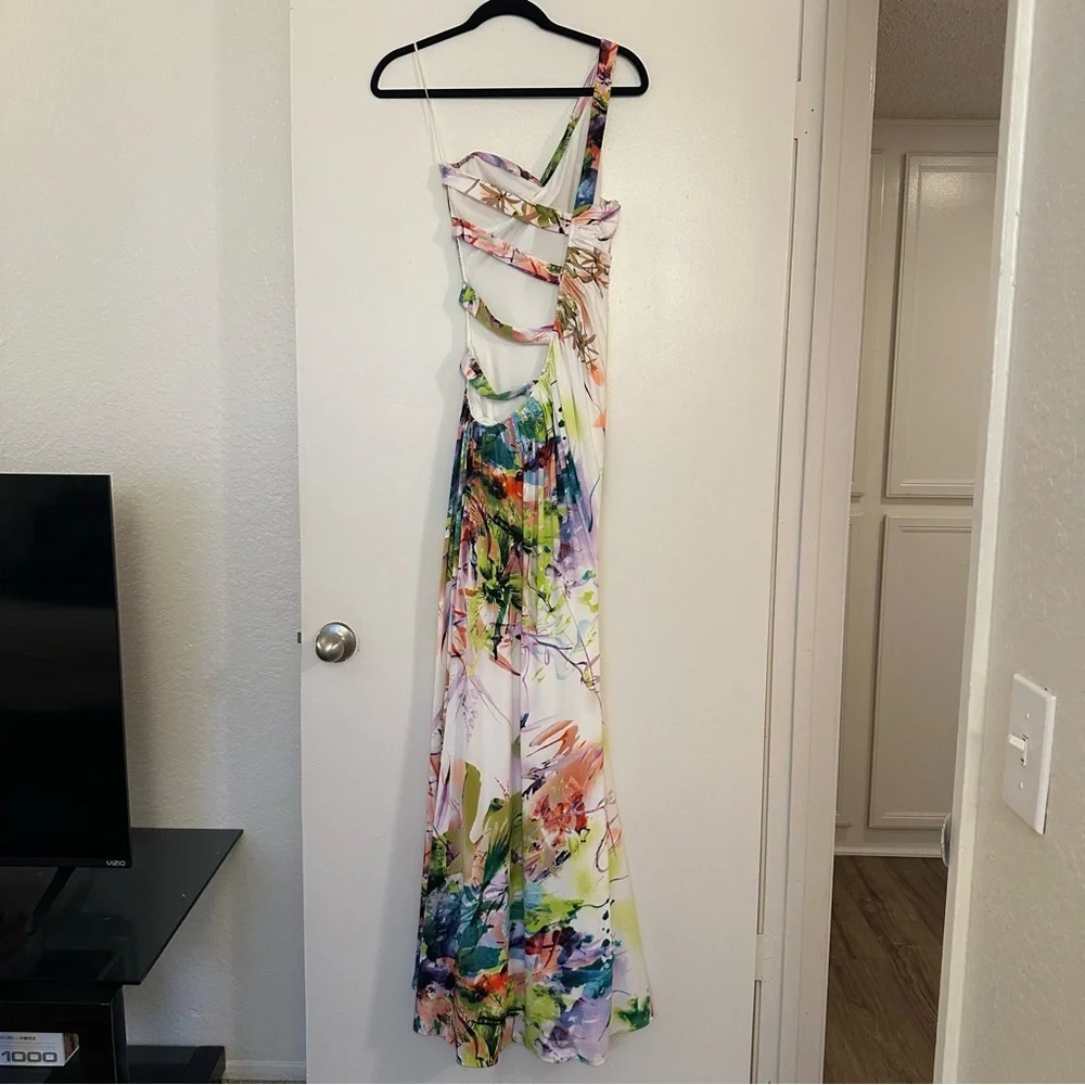 Jovani Watercolor Floral One Shoulder Jersey Evening Gown Formal Prom Dress - Picture 3 of 5